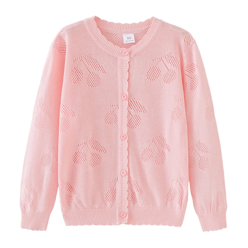 1-7Yrs Autumn Baby Kids Cardigan Sweater Baby Boys Girls Elegant Knitted Top Cherry Print Long Sleeve Hollow out Knitwear Coat