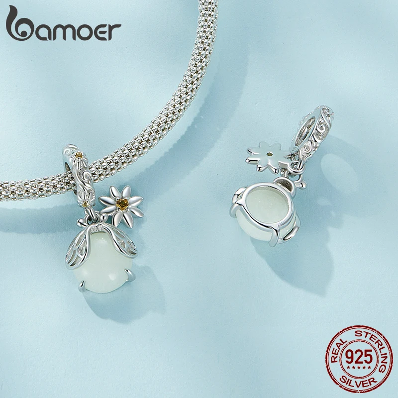 Bamoer 925 Sterling Silver Glow-in-the-dark Firefly Hanging Beads Luminous Insect Charms for Women Original Bracelet and Bangle