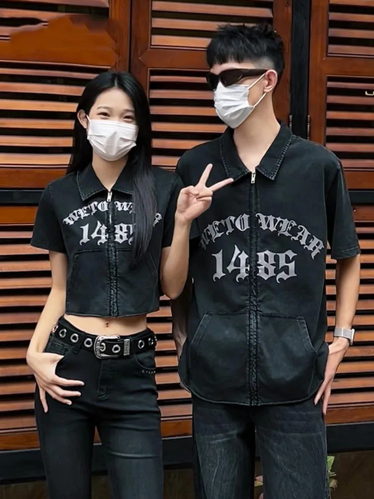 2024 Trendy Cool Style Gothic Letter Printing Zipper Thick Women Crop Top With Men Heavy Industry Shirts Tshirt 240521