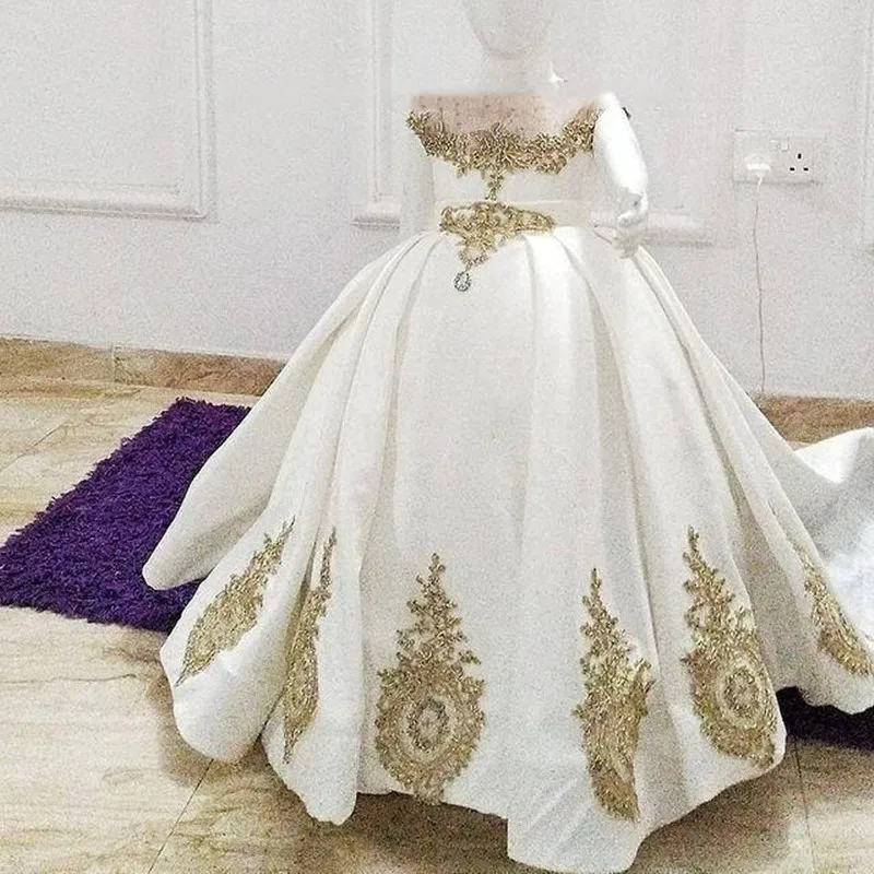 Golden Lace Sheer Neck Flower Girl Wedding Dresses Satin Lilttle Kids Party Birthday Formal Children Gowns Celebrity