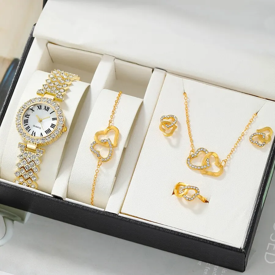 2/6pc Dainty Quartz Watch With Heart Jewelry Set For Women Rhinestone Watch Double Heart Necklace Bracelet Earrings Ring Set