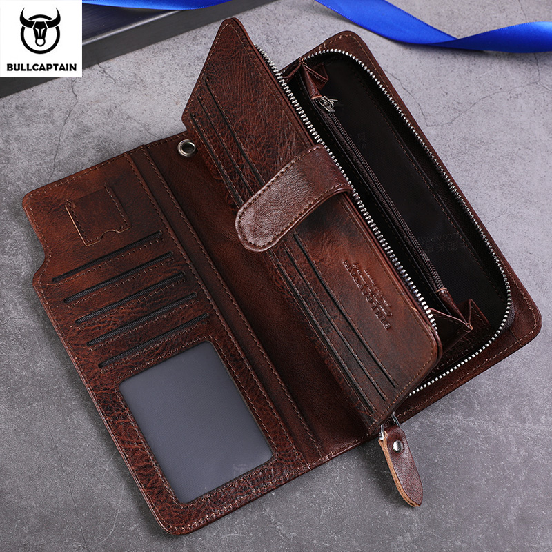 BULLCAPTAIN Men Long Wallet Clutch Bag Credit Card Holder Purses Carteras Billetera Hombre Leather Money Portfe Carte