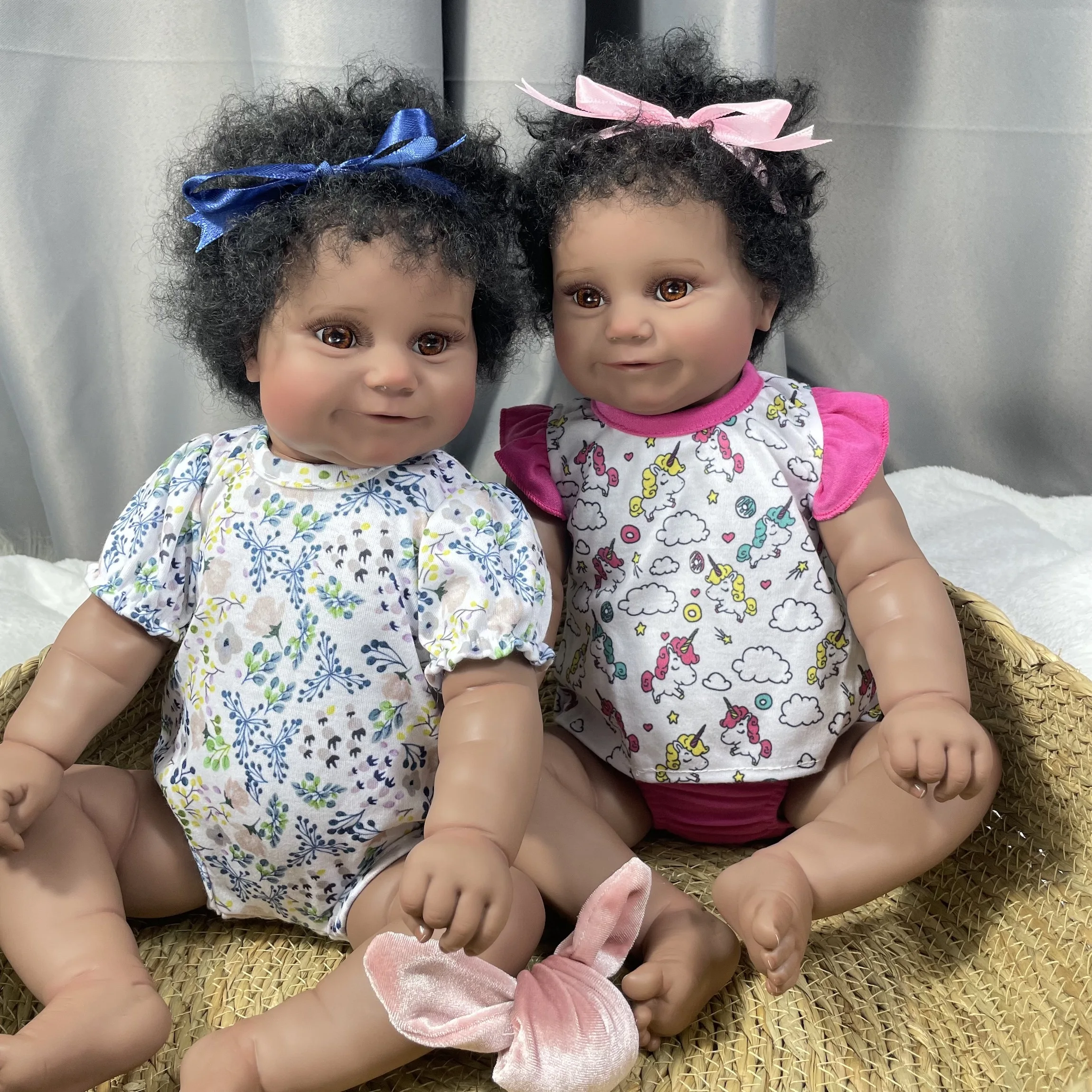 19Inch African American Doll Maddie Twins Full Silicone Vinyl Girl Washable Dark Skin Reborn Baby Handmade Rooted Hair Toy Gift