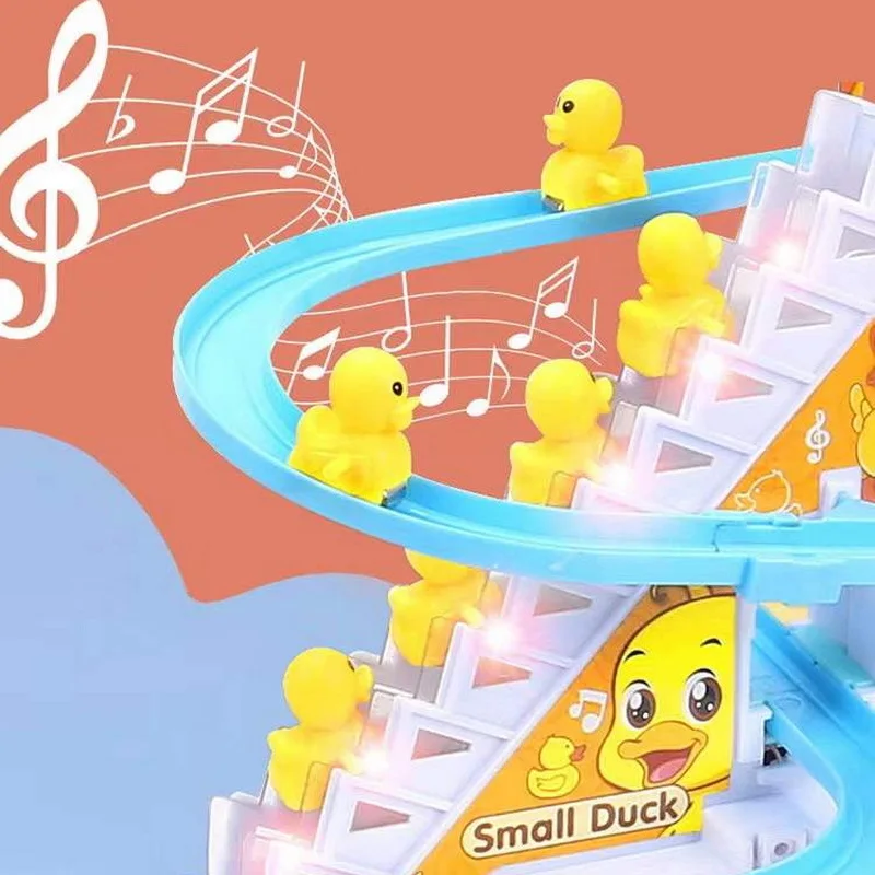 DIY 2025 Rail Racing Track Electric Duck Climbing Stairs Toy Pig Penguins Music Electric Roller new Coaster Toy For Kid Children Gift