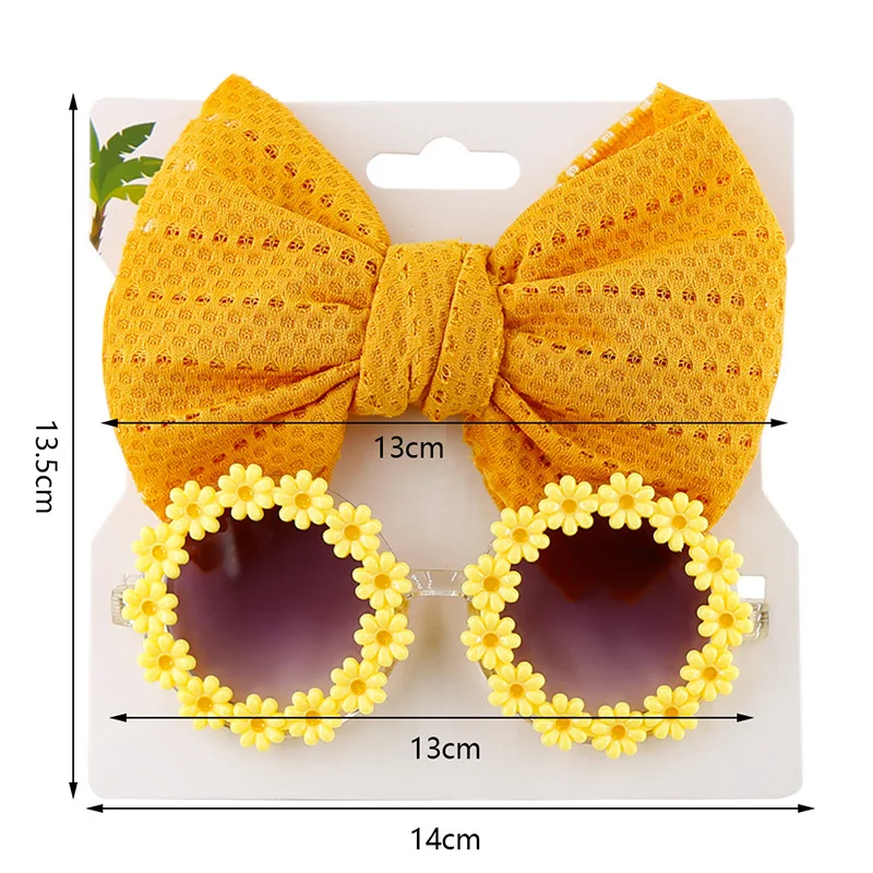 Sun Flower Sunglasses Bow Hairband Set Cute new Baby Girls Hair Accessories Newborn Head Bands 2025 Summer Beach Photography Props 2Pcs