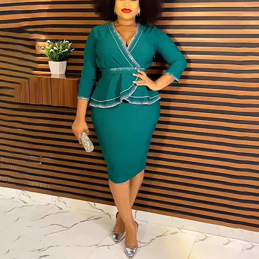 Work Dress for Women Office Elegant V Neck Diamond Three Quarter Sleeve Package Hips Mid Calf Professional Business Dress Midi 240518