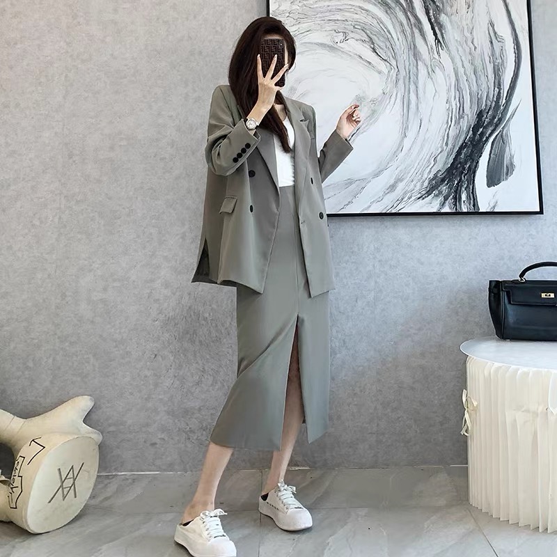 Spring 2025 and Autumn Solid Color Skirt Suit Female Long-sleeved Double-breasted Blazer & High Waist new Open Pencil Skirt Female Suit