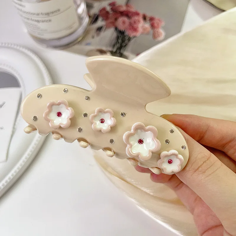 Muweordy 8cm Flower Hair Clip with Diamond Hair Claw Korean Elegant Acetate Claw Clip Crab Hair Clip Hair Accessories for Women