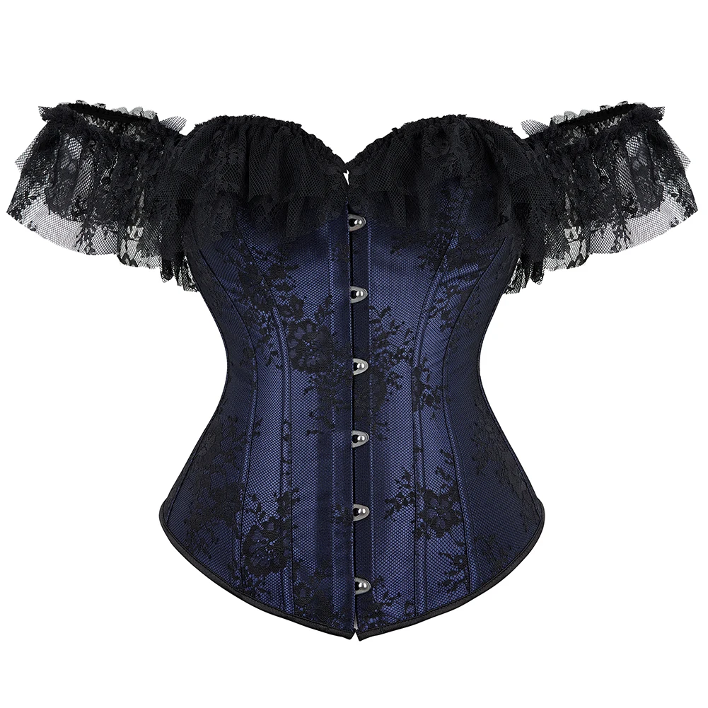 Corset for Women Tops Steampunk Gothic Off Shoulder Bustier Jacquard Overbust Corset Renaissance Corsets with Lace Short Sleeves smile