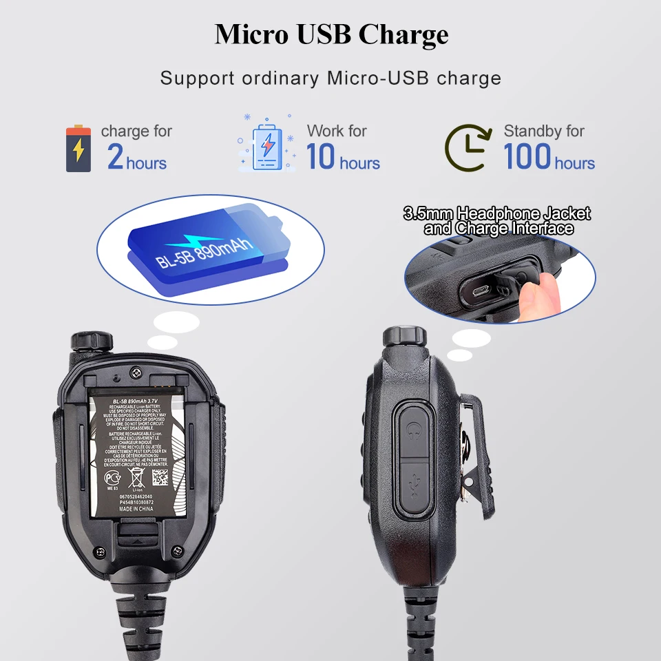 2Pin Rechargeable Microphone Mic Speaker Volume PTT Tangent For Baofeng UV 5R Quansheng UV K5 RT3S H777 for TYT