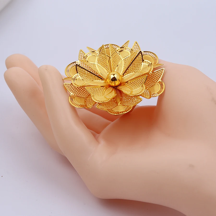 Dubai Gold Plated Rings Nigerian Big Flower Jewellery Indian Wedding Ethiopian Luxury Finger Jewelry For Women 2023 Party Gift