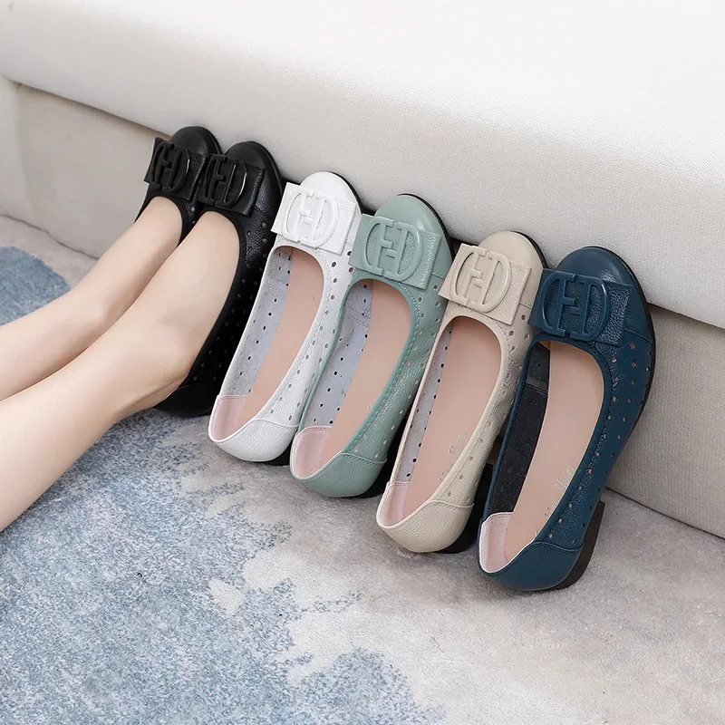Hollow-out Woman Flats Genuine Leather Loafers Moccasin Mother Shoes Casual Women Luxury Brand Ballet Footwear Zapatos De Mujer