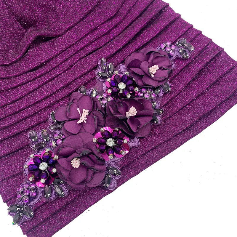2023 Women's Head Wrap Nigeria Headpiece Lady Party Hat NEW Shiny Pleated Turban Cap with Diamond Bouquet African Headtie