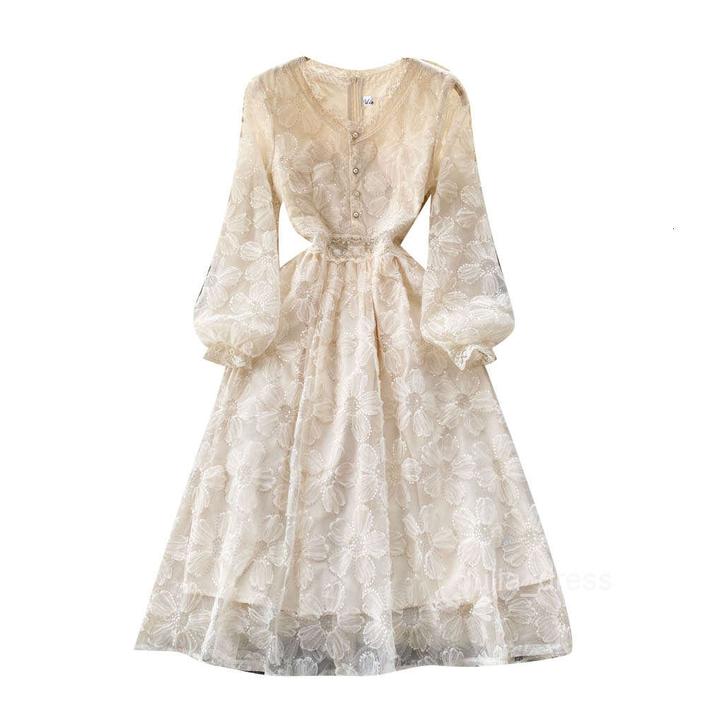 Lanjia- Gentle And Feminine Slim Waist Knee Length Long Sleeve First Love A-Line Skirt Elegant Temperament V-Neck Lace Dress A407e