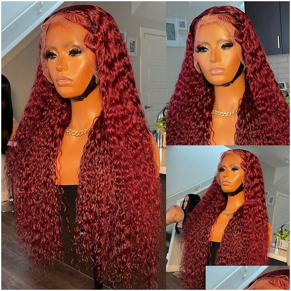 Synthetic Wigs Brazilian Hair Deep Wave Wig Bury Red Lace Front 13X4 Hd Frontal 360 Fl Curlywig Pre Plucked Drop Delivery Products Otxf Jllw