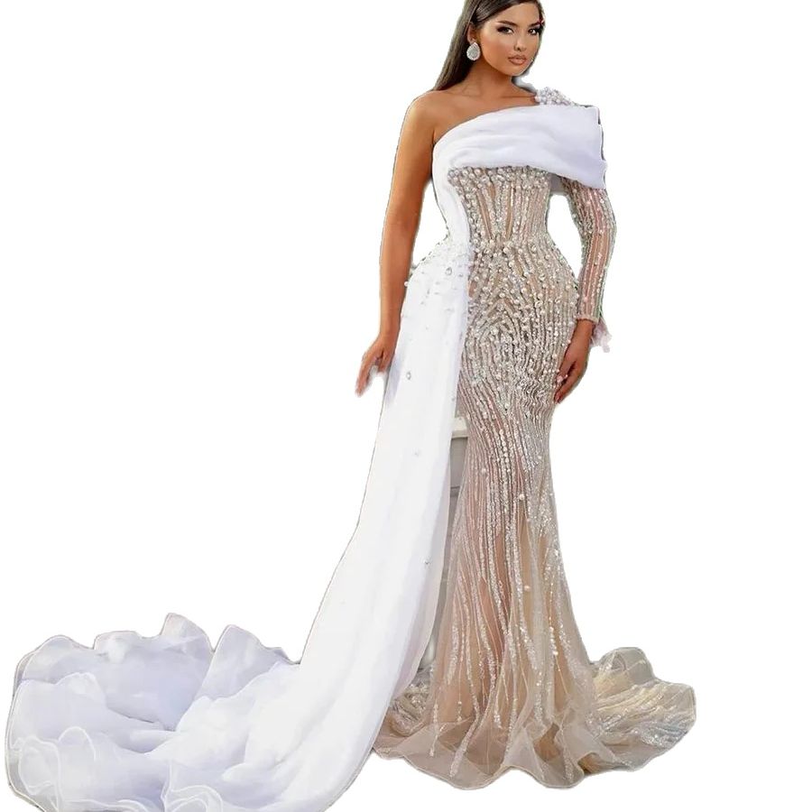 Luxury Beading Mermaid Wedding Dress Sexy One Shoulder Pearls Bridal Gowns Sequins Beads Wedding Gowns For African Women