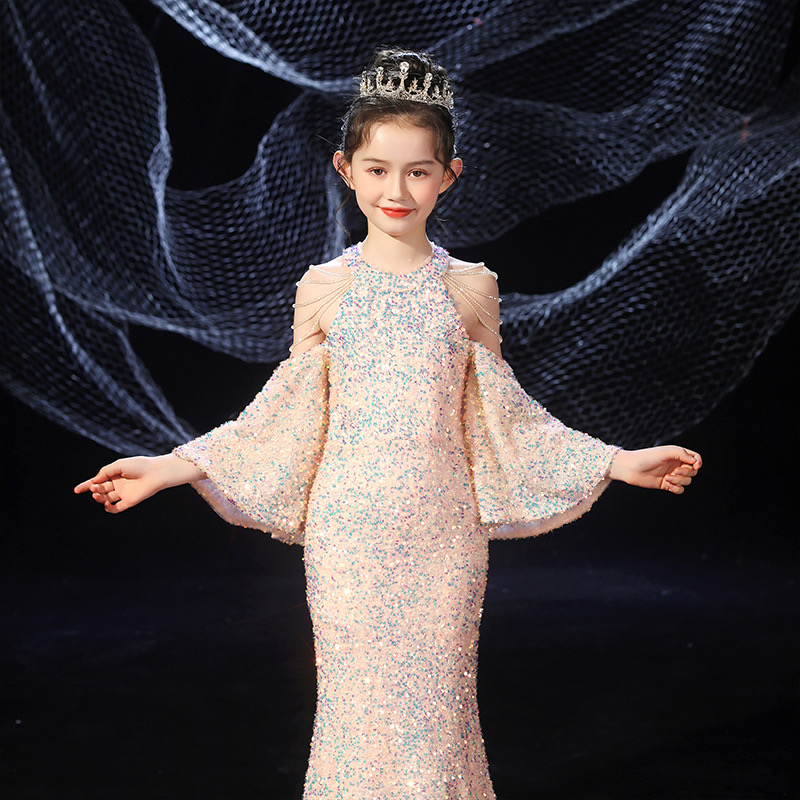 Long Boho Flower Girls Dresses For Wedding sequined mermaid Floor Length Lace Little Kids First Communion Dress Vintage sequined off shoulder Girls Pa