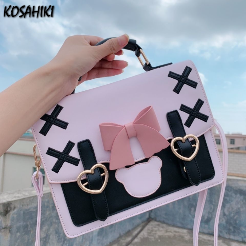Japanese Lolita Bow Heart Handbags Korean All Match Kawaii Crossbody Jk Bag 2024 New Ins Sweet Shoulder Women Y2k Aesthetic