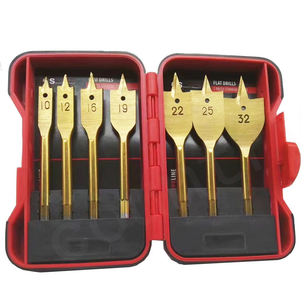 New packing 7pcs/ box Hex 2025 Shank Spade Bit Flat Boring Titanium Coating Bit Wood Flat Drill new Bit Set