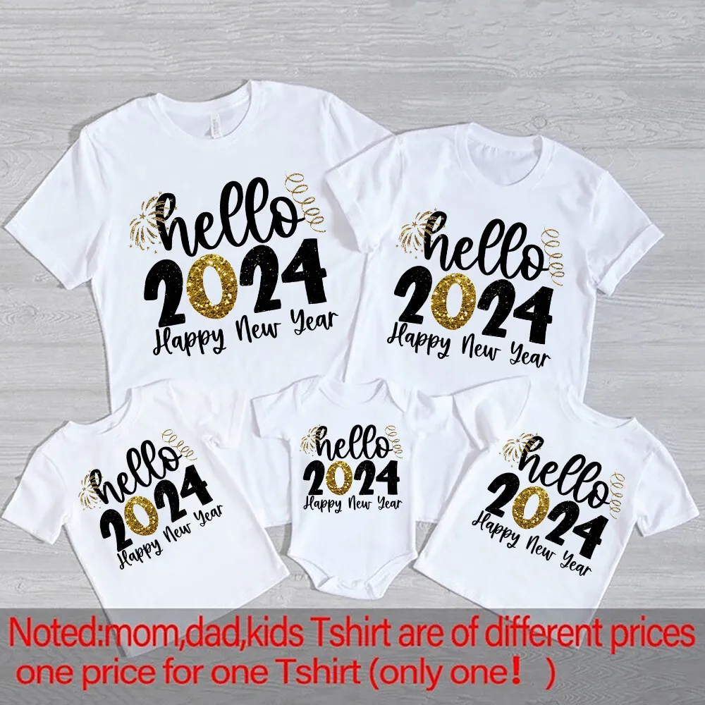Hello 2024 Happy New Year Family Matching Outfits Dad Mom Kids Shirt Baby Bodysuit Family Clothes New Year Party Family Outfits