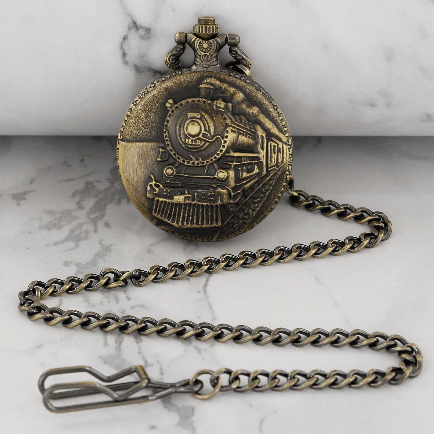 Arabic Numerals Display Bronze Train Locomotive Engine Quartz Pocket Watch Retro Punk Pocket Chain Clock New
