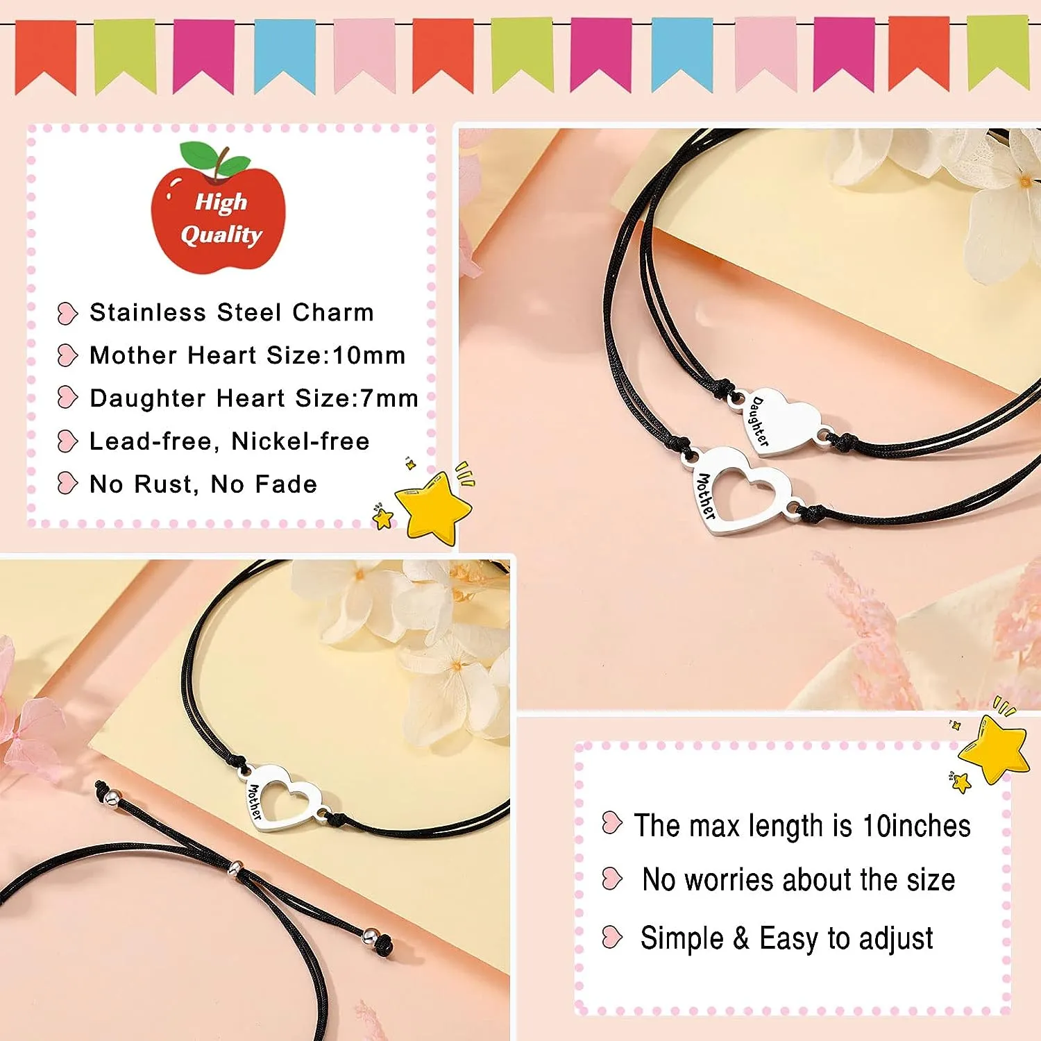 Matching Heart Mother Daughter Bracelets Back to School Bracelet Mommy and Me First Day of School Bracelet for Daughter Girls