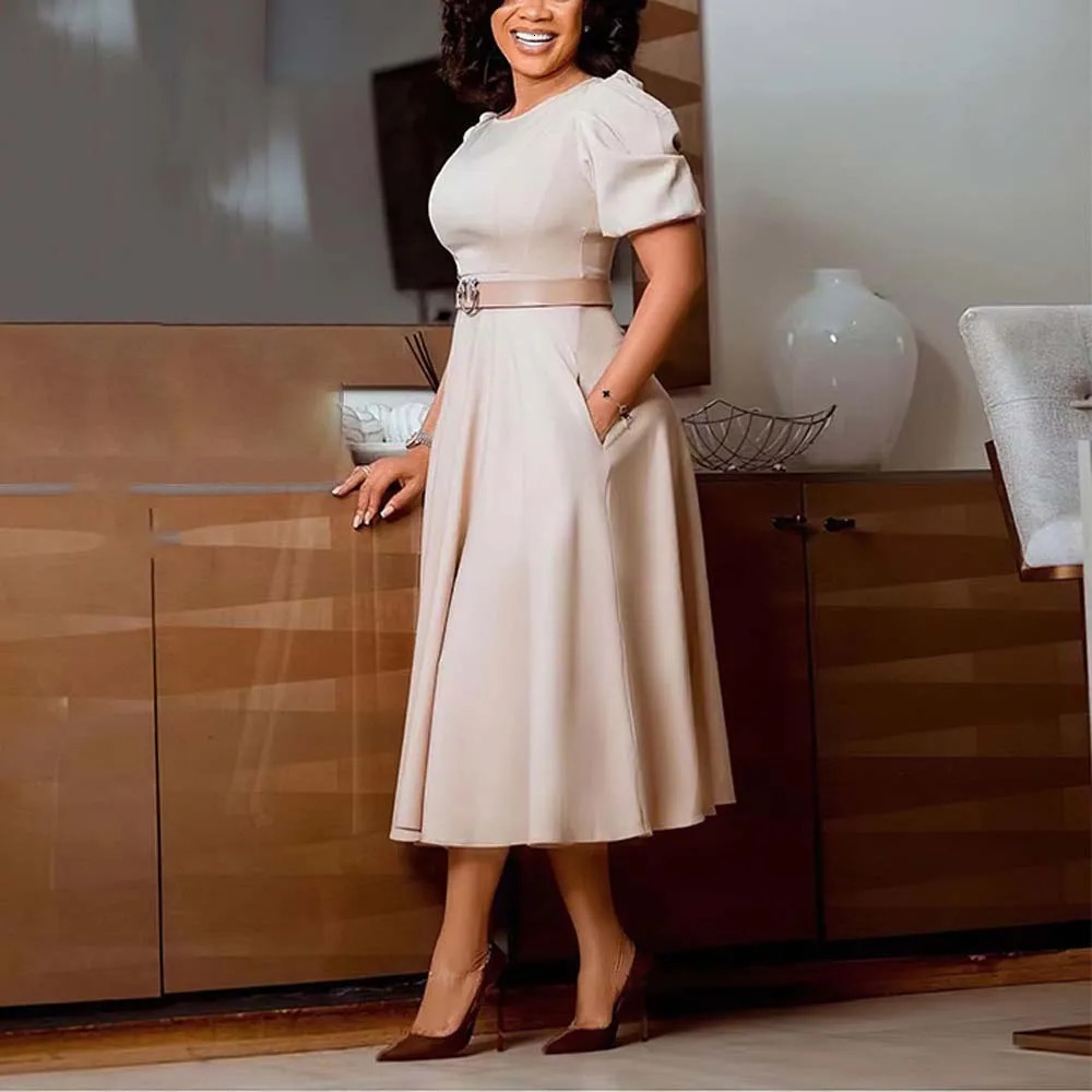 Elegant Office Dress for Women Professional O Neck Short Sleeve Belt Waisted A Line Mid Calf Formal Business Work Dress Midi 240518