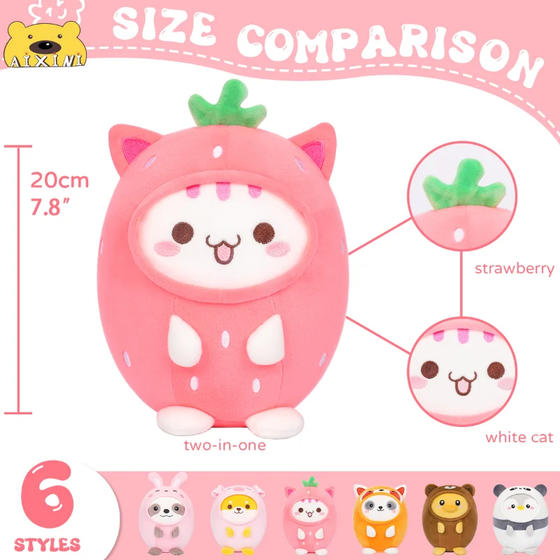 AIXINI 10 Style Strawberry White Cat Squishy Plush Pillow Kawaii Stuffed Panda Pig Animals Plushie Doll Baby Plushy Throw Pillow