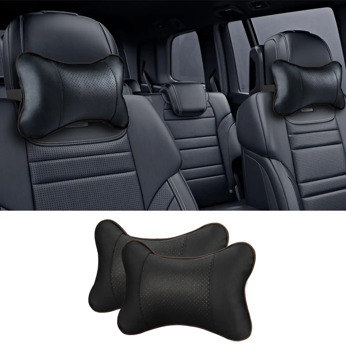 Car Neck Pillows Both Side Pu Leather 1pcs Pack Headrest For Head Pain Relief Filled Fiber Universal new 2025 Car Pillow