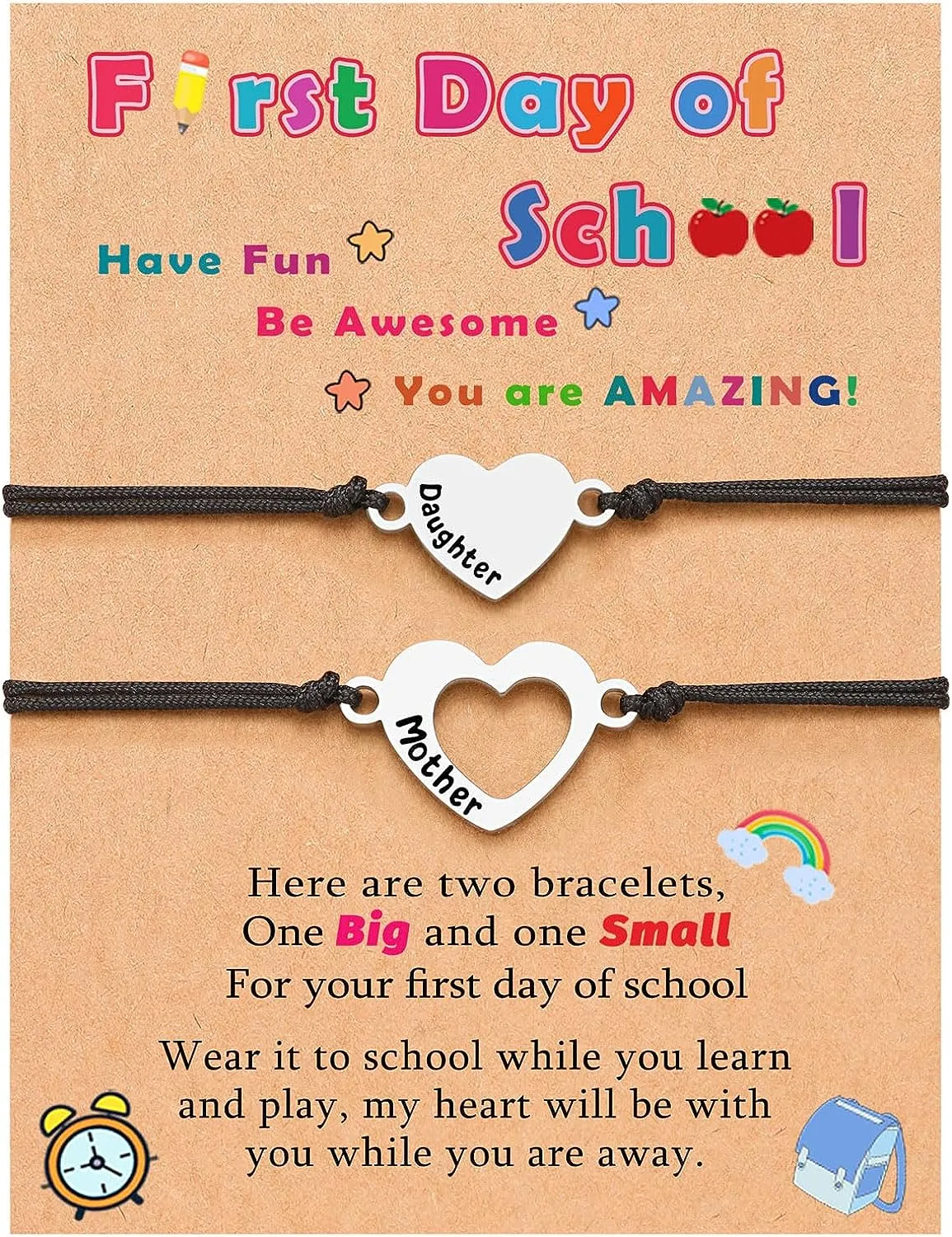 Matching Heart Mother Daughter Bracelets Back to School Bracelet Mommy and Me First Day of School Bracelet for Daughter Girls