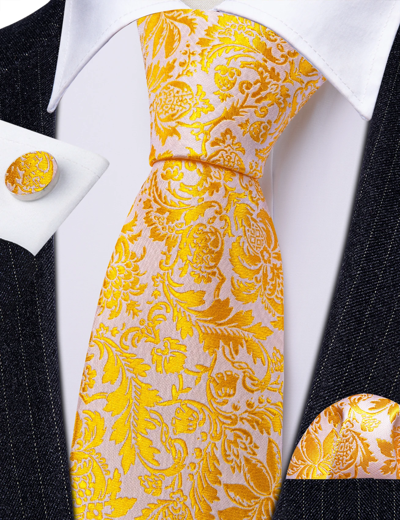 Luxury Brand Gold Floral Men Ties Exquisite Silk High Quality Suit Cufflinks Necktie Set Groom Wedding Party Designer Barry.Wang