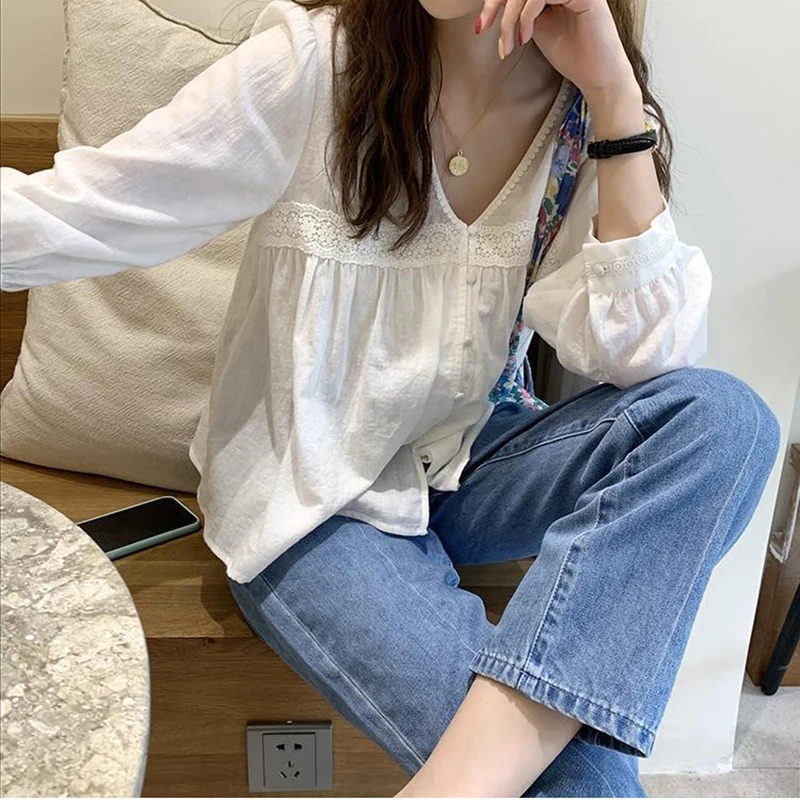 MEXZT Vintage 2025 Sweet Lace Shirts Women Korean Cute V Neck Long Sleeve Loose Blouses Summer Streetwear Boho Beach Casual new Tops New
