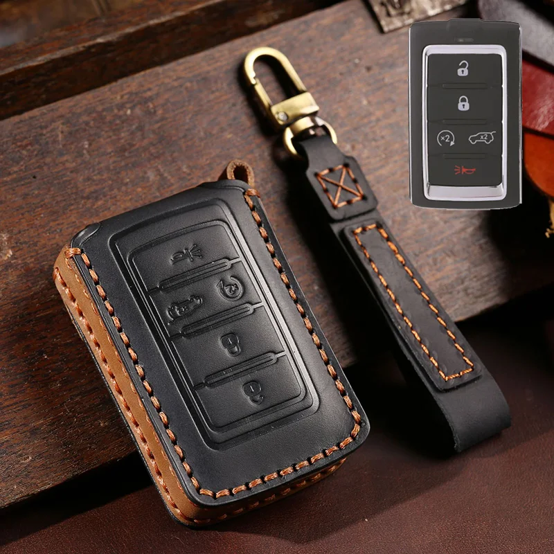 Genuine Leather Car Key Case Cover Fob Shell for Jeep Grand Cherokee Wagoneer 2021 2022 2023 Car Keychain