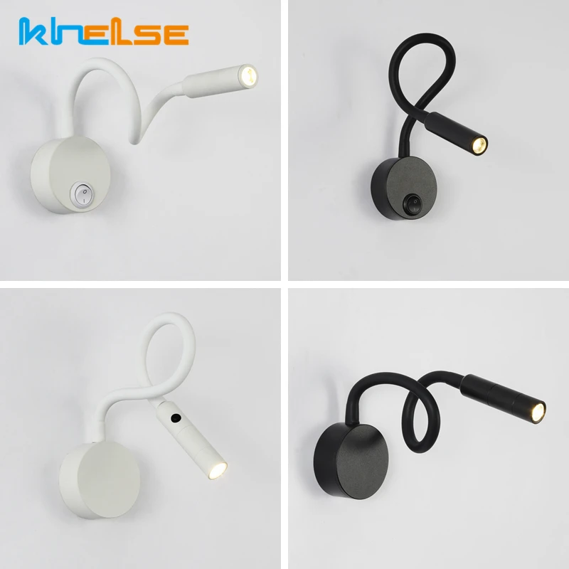 LED Flexible Hose Wall Lamp 1W 3W Book Reading Study Bedside Light Hotel Headboard Flexible Gooseneck Mini Spotlight With Switch