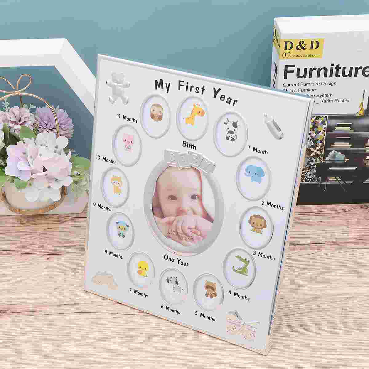 1Pc Baby 12 Months Photo Frame My First Year Baby Picture Frame Growth Record Photo Frame Infant Birthday Display Rack (White)