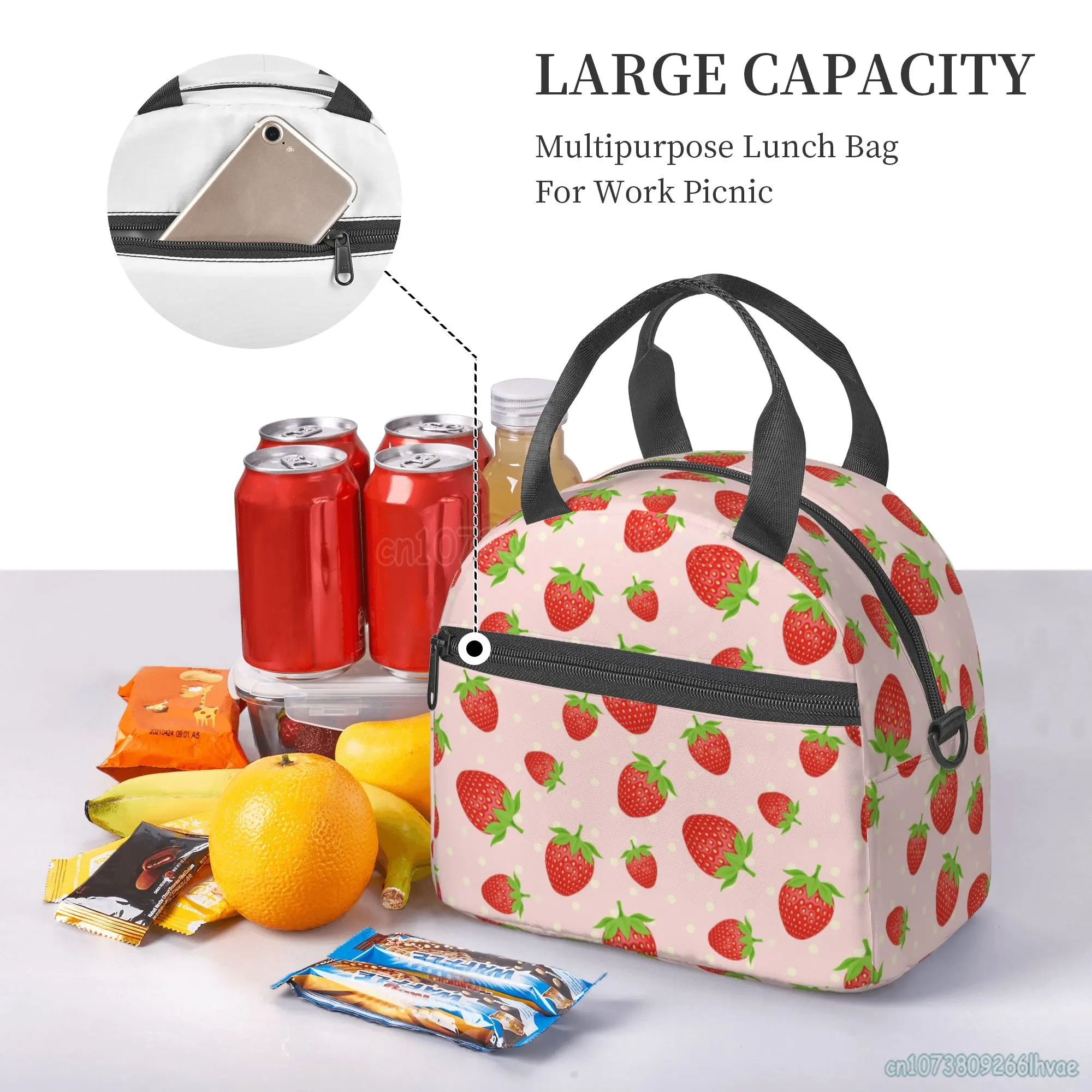 Strawberry Lunch Bag for Girls Women Insulated Lunch Box for School Work Picnic Cooler Tote Bag with Adjustable Shoulder Strap