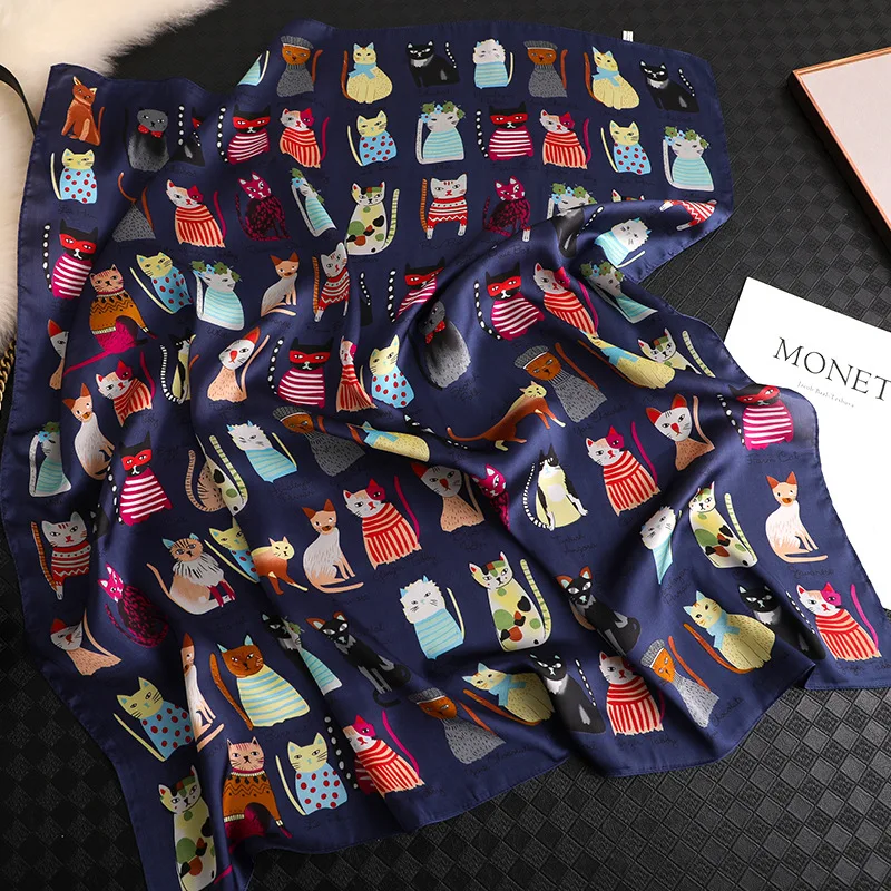 Spring and summer NEW 90x90cm 2025 Brand Silk Square Scarf Women new Tie Hairband Cat printed Scarves Female Foulard scarf stores