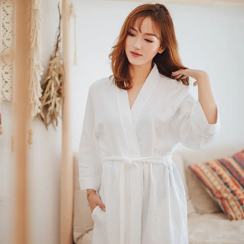 Night Wears Nightgowns Female Kimono Sleepwear Casual Peignoir Femme 2025 New Spring Autumn Bathrobe Women new Loose Waffle Morning Robe