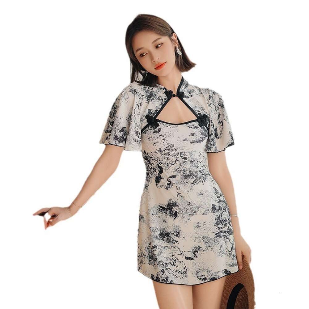 Ddmytiger Ddmytiger Chinese For Women In New Printed Jumpsuit Style Conservative Large Size MM Covered Arm Gathering Hot Spring Swimsuit H