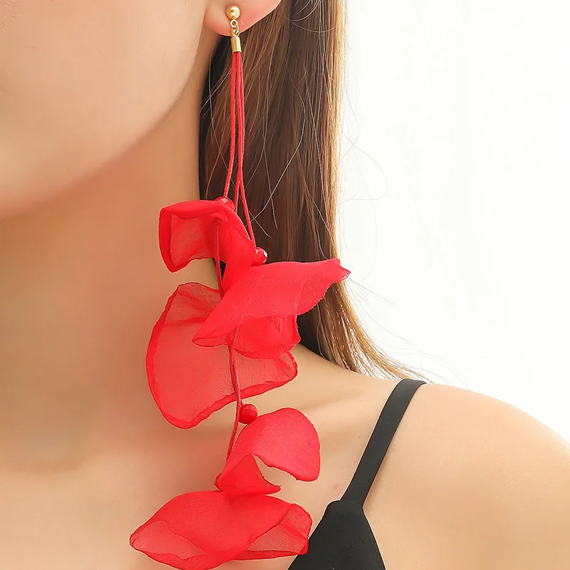 New Elegant Petals Dangle Earings Women Girls Exquisite 2025 Organza Flowers Long Tassels new Pendant Drop Earings Party Jewelry Gifts