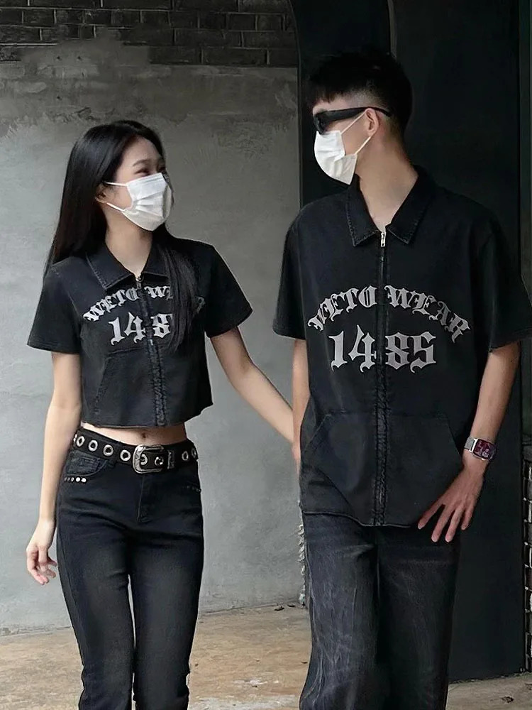 2024 Trendy Cool Style Gothic Letter Printing Zipper Thick Women Crop Top With Men Heavy Industry Shirts Tshirt 240521