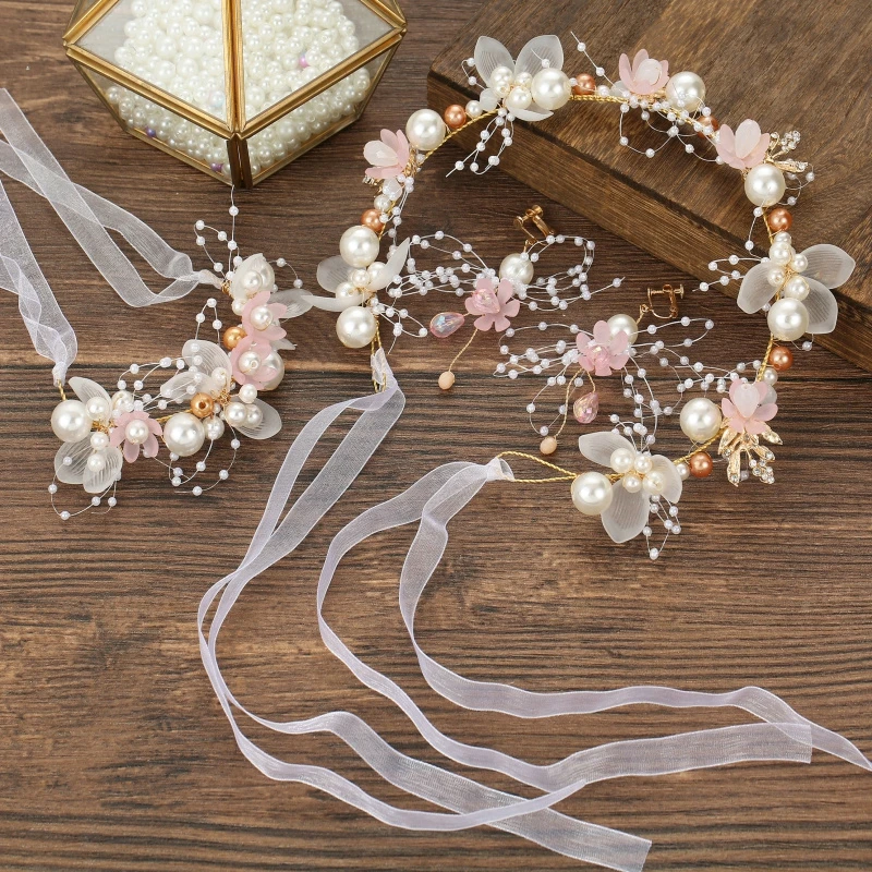 Elegant Bohemian Imitated Pearl Crowns Girls Bridal Wedding Headband Floral Garland Romantic Wreaths Flower Headband Girls Adult