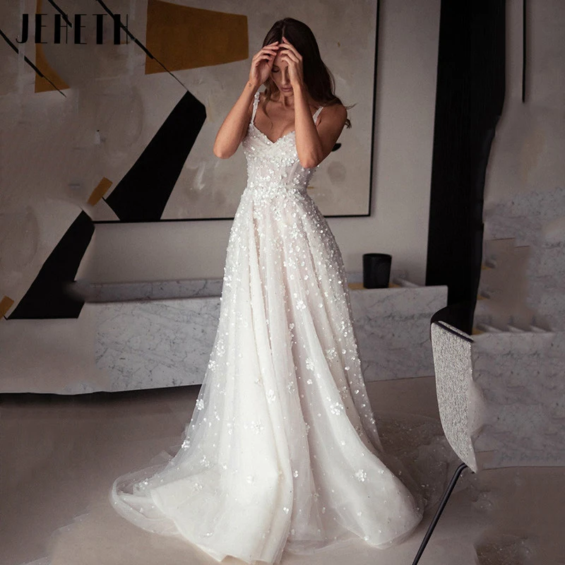 JEHETH Bohemian V-Neck Wedding Dresses For Bride Spaghetti Straps A-Line Bridal Gowns Sexy Sleeveless Zipper Up Vestido De Noiva