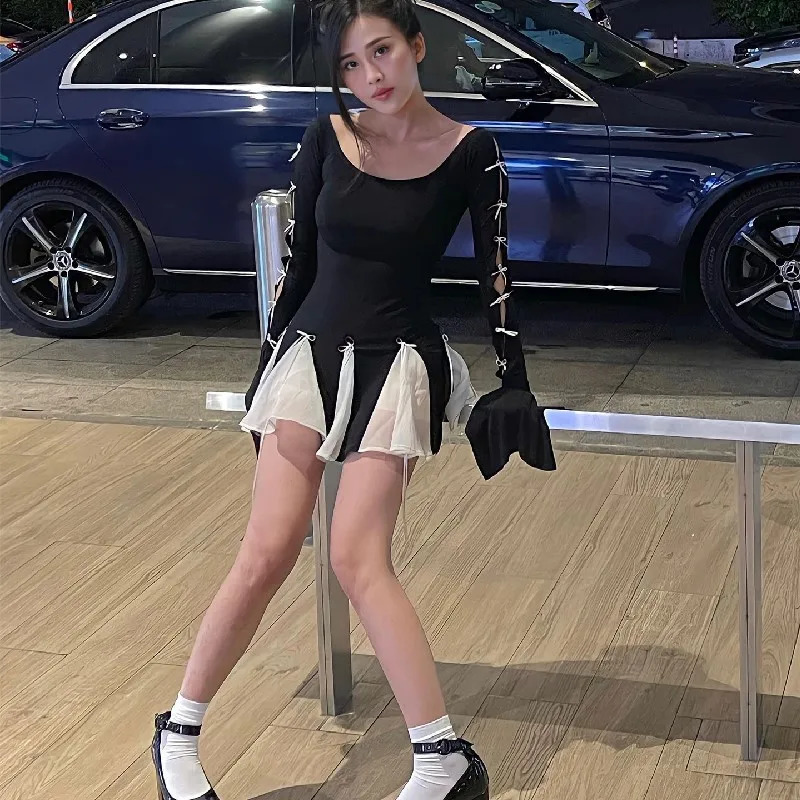 Xeemilo Autumn Bow Lace Up Slim Dress Aesthetic Long Sleeve Black White Patchwork Skinny Dresses Korean Fashion Party Vestidos 240518