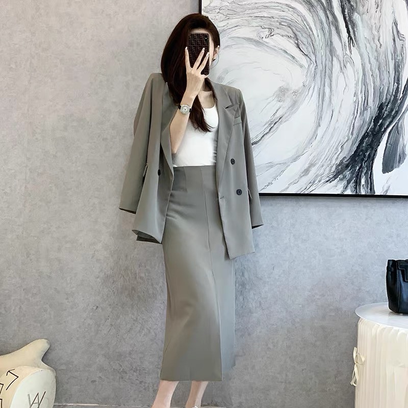 Spring 2025 and Autumn Solid Color Skirt Suit Female Long-sleeved Double-breasted Blazer & High Waist new Open Pencil Skirt Female Suit