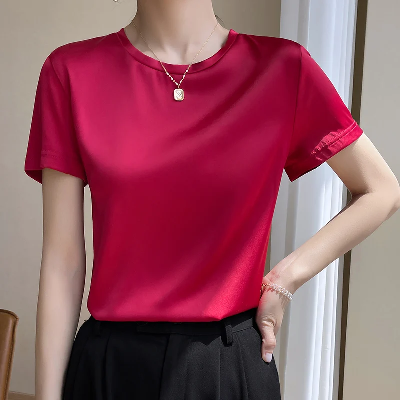 Summer 2025 Short-Sleeved Women's Acetic Acid T-Shirt Satin New Simple Loose Round new Neck Vest Top Joker Slim