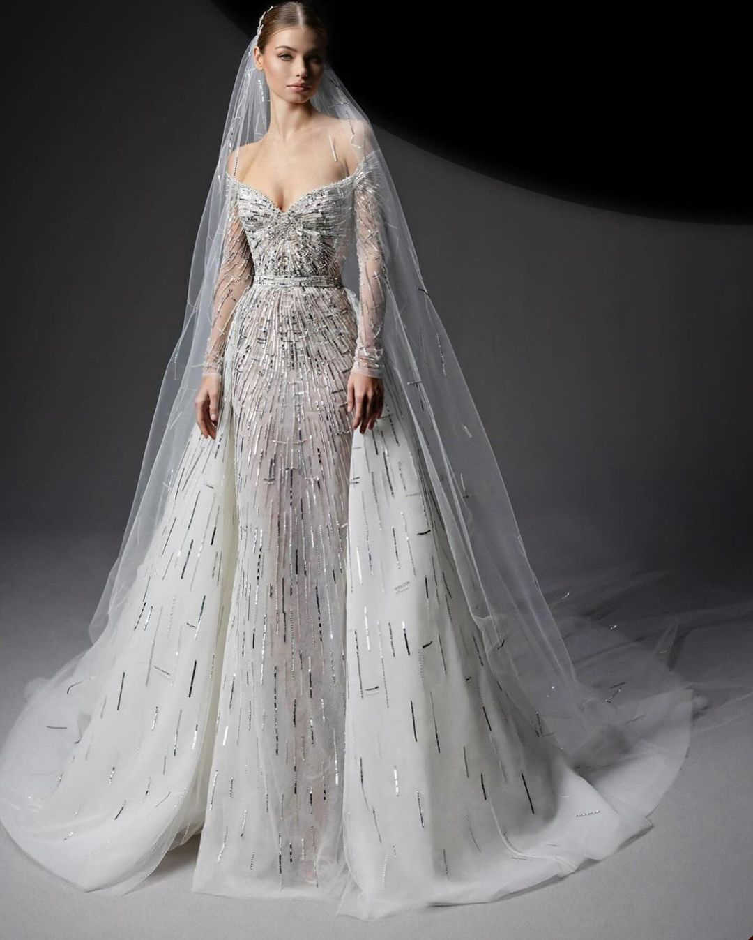 Fashion Mermaid Wedding Dresses Sequins Off the Shoulder Bridal Gowns with Detachable Train Custom Made Long Sleeve Vestido de novia