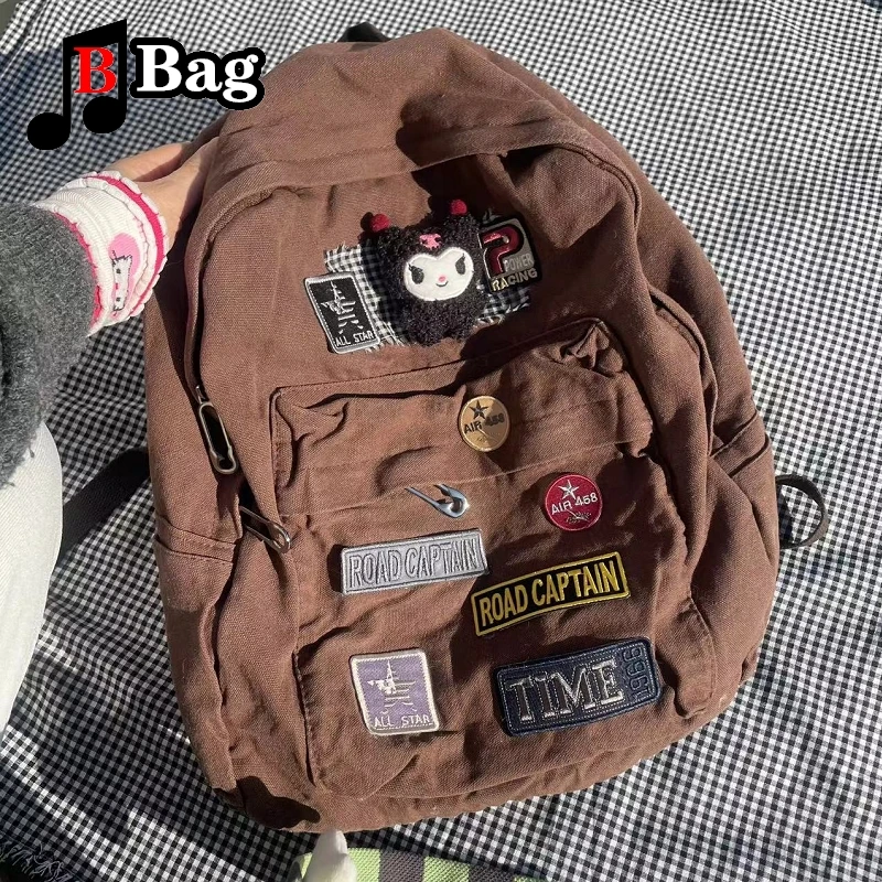 Brown Canvas new Backpack Women Gothic Punk 2025 Spicy Girl Vintage Bag Large Capacity Commuting Tote