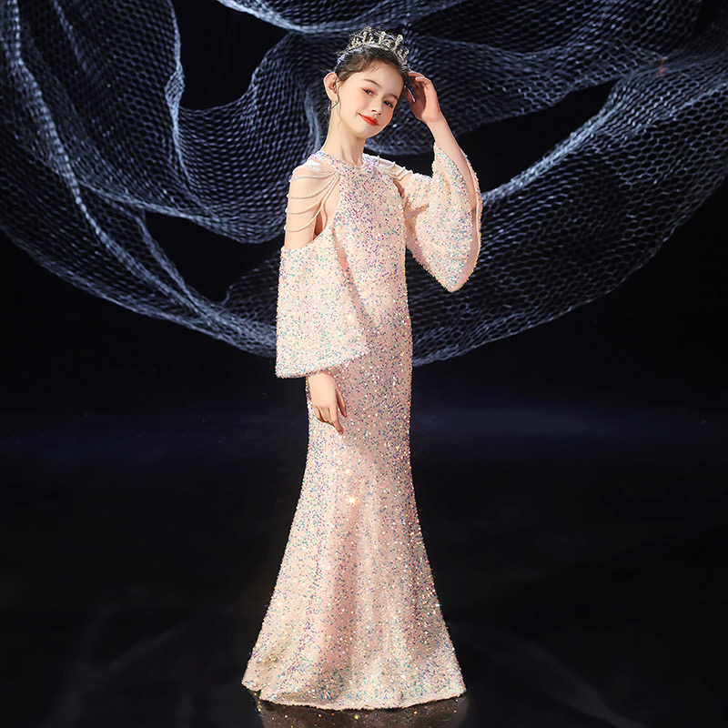 Long Boho Flower Girls Dresses For Wedding sequined mermaid Floor Length Lace Little Kids First Communion Dress Vintage sequined off shoulder Girls Pa