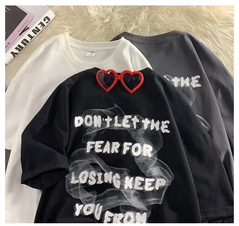 Summer creative letter 2025 printing small lovers loose new casual t-shirt versatile handsome men and women half sleeve short sleeve top